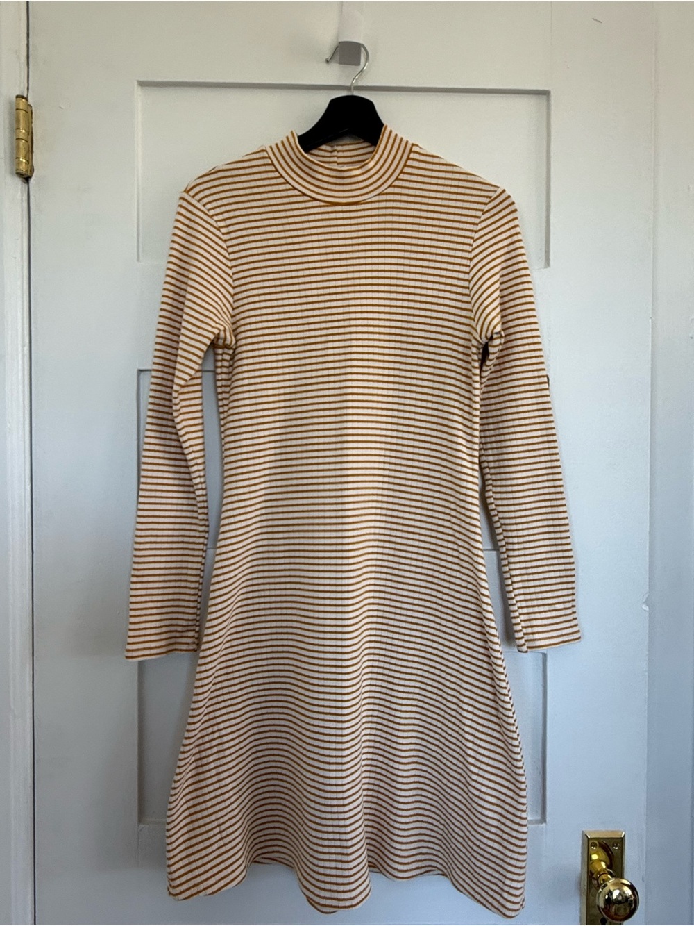 American Apparel Cream and Tan Striped Mock Neck Long Sleeve Dress